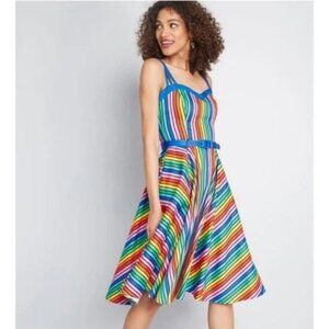 Modcloth x Collectif Rainbow Stripes Swing Fit & Flare w/ Pockets Dress Size S